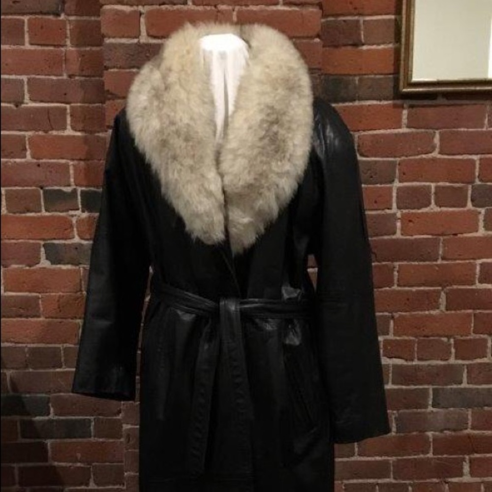 Vintage Black Leather Fur Collar Long Coat